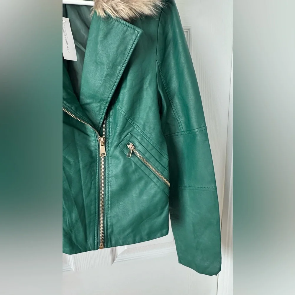 New York & Company Emerald Green Faux Leather Moto Jacket with Faux Fur Trim